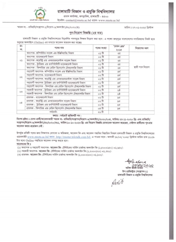 Rangamati Science & Technology University (RMSTUR) Job Circular 2025